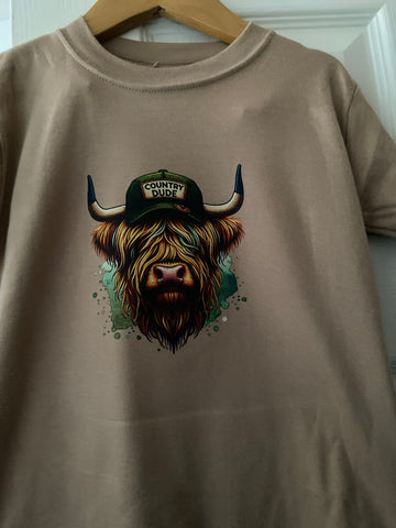 Highland cow Country Dude in cap boys t shirt 6m to 5-6