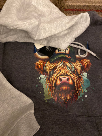 Country dude Highland Cow  kids Contrast Hoodie