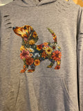 Distressed Adult Pale Grey  Hoodie with dachshund design