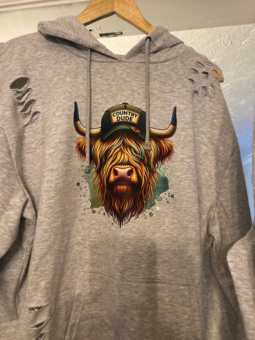 Distressed Adult Pale Grey  Hoodie with Cow & highland cow Designs