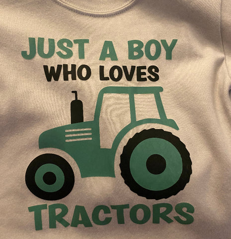 Just a boy who loves green tractors  junior 2-14  grey T shirts