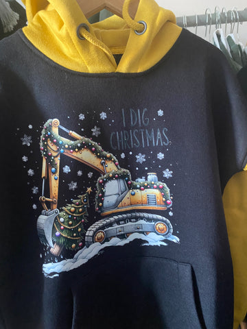 Digger  / Excavator  Kids to adult   Contrast Christmas Hoodie