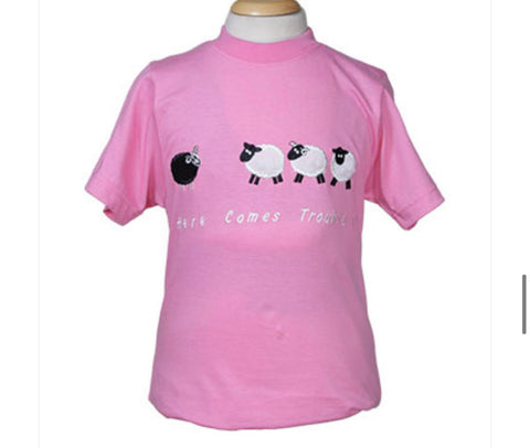 “Here comes trouble “ pink sheep t shirt