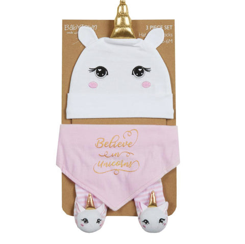 Unicorn baby Hat Bib & rattle Sock gift  Set